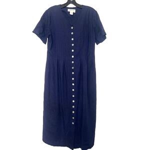 Orvis Dress Size 12 Navy Blue Button Front Midi Linen Blend Classic Vintage 90s